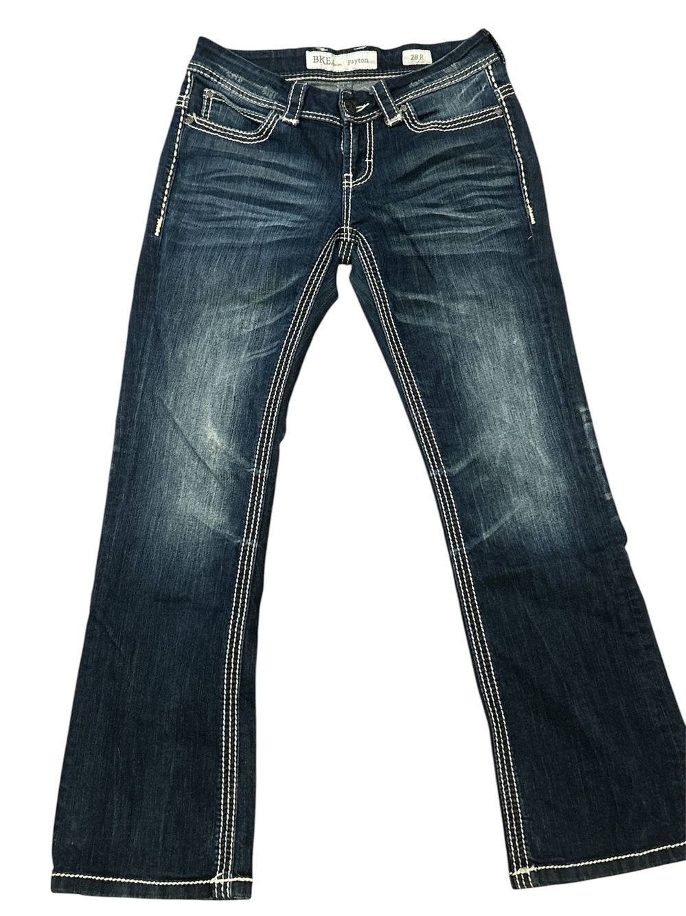 BKE Payton Boot Cut Jeans in Dark Indigo w White Stitching. EUC